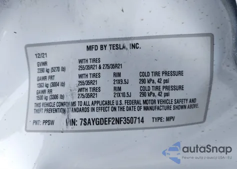 2022 Tesla Model Y Performance Dual Motor All-Wheel Drive z USA, uszkodzony, nr VIN 7SAYGDEF2NF350714